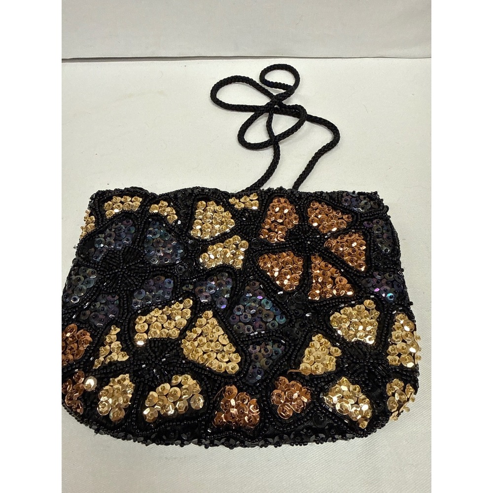 Vintage Beaded Sequin Evening Bag Black Gold Bronze Geometric Mosaic Clutch